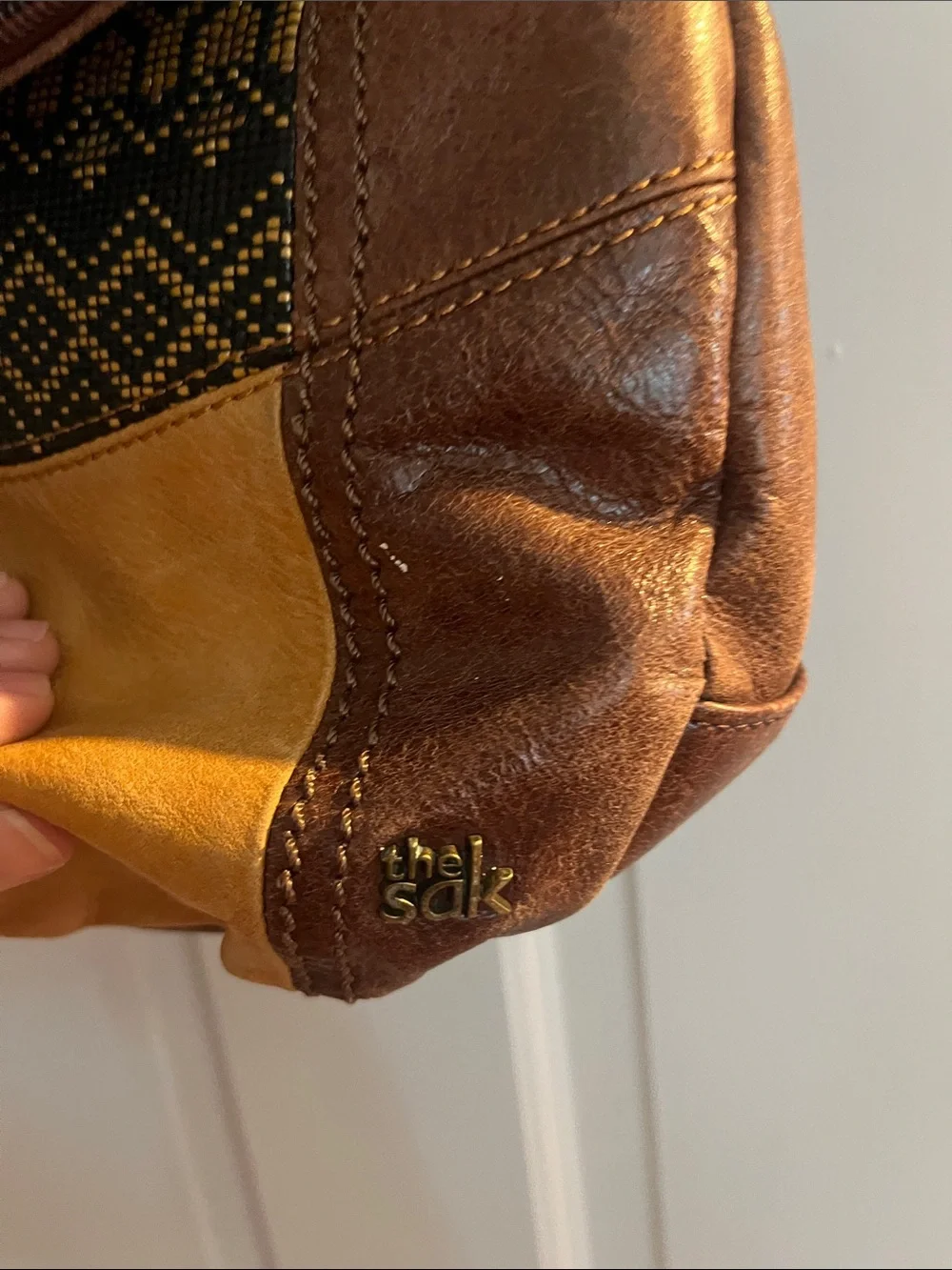 The Sak Deena Flap Brown & Mustard Leather Crossbody Bag with Woven Detail